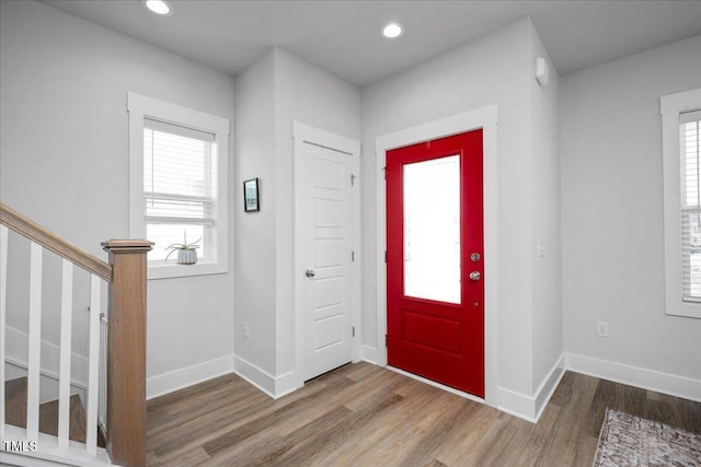 305 Wash Hollow Dr, Wendell, NC 27591 - foyer featuring baseboards, wood finished floors, and recessed lighting