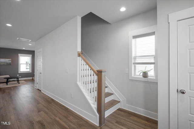 305 Wash Hollow Dr, Wendell, NC 27591 - staircase with baseboards, visible vents, recessed lighting, and wood finished floors