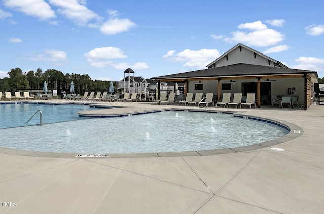 305 Wash Hollow Dr, Wendell, NC 27591 - pool featuring a ceiling fan and a patio area