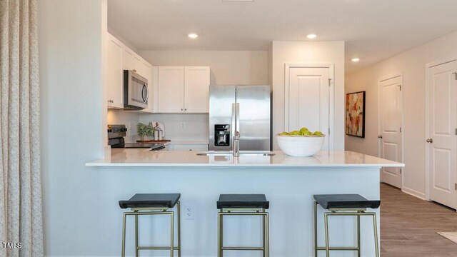146 Holton St, Smithfield, NC 27577 - kitchen featuring light countertops, a peninsula, appliances with stainless steel finishes, white cabinetry, and a sink
