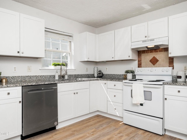 106 Mingocrest Dr, Knightdale, NC 27545 - kitchen featuring white cabinetry, under cabinet range hood, stainless steel dishwasher, white electric range, and light wood-style flooring
