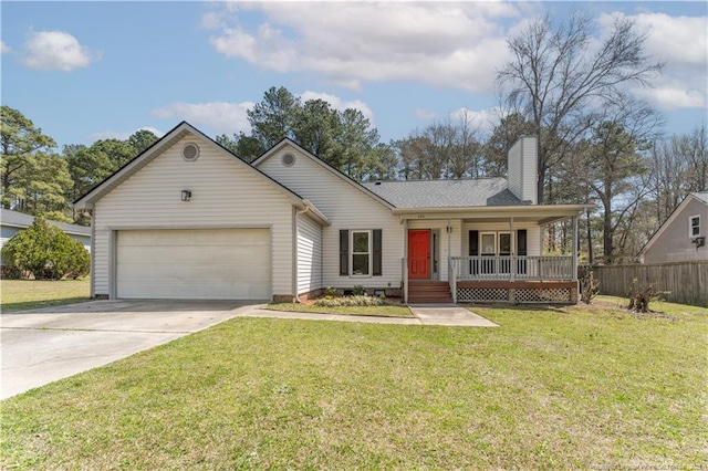 131 Windsor Ln, Raeford, NC 28376 - ranch-style house featuring a porch, an attached garage, driveway, and a chimney