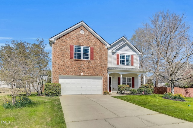traditional-style home with fence, a garage, concrete driveway, brick siding, and a front lawn