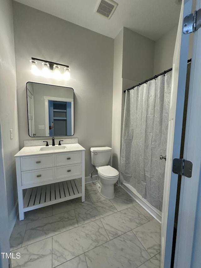 full bath featuring marble finish floor, visible vents, toilet, and vanity