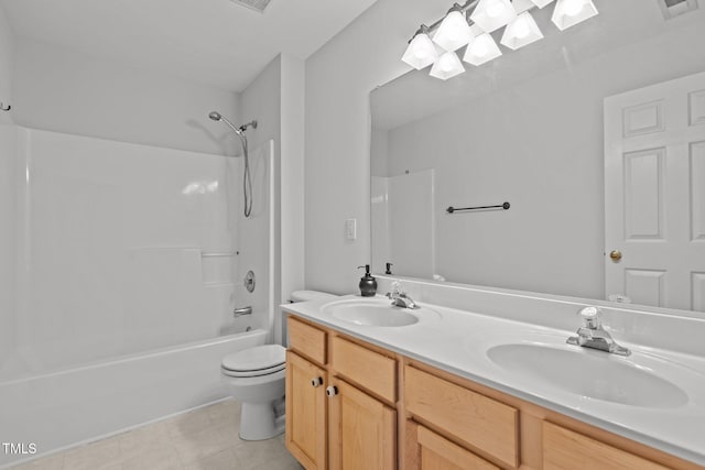 bathroom featuring visible vents, a sink, toilet, and double vanity