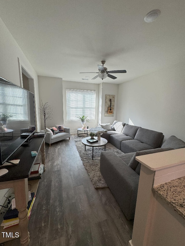 829 S Franklin St, Wake Forest, NC 27587 - living room featuring dark wood-style flooring and ceiling fan