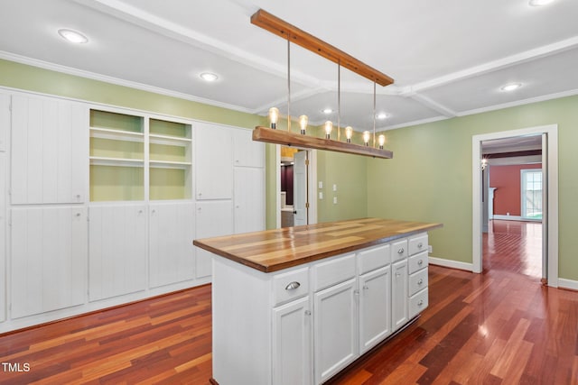 1302 Hermitage Rd, Sanford, NC 27330 - kitchen featuring butcher block counters, recessed lighting, white cabinetry, and dark wood finished floors
