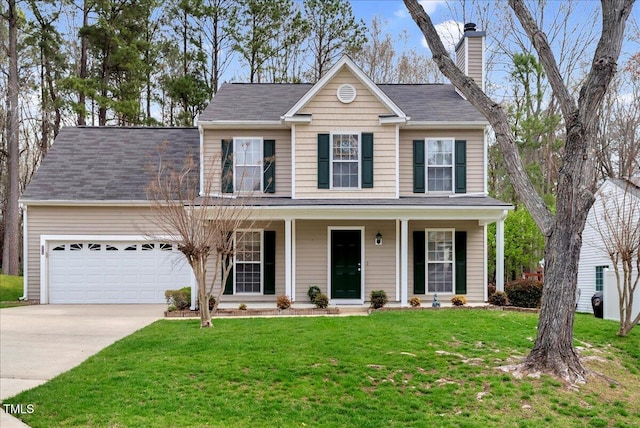 view of front facade with an attached garage, a chimney, a front yard, driveway, and a porch