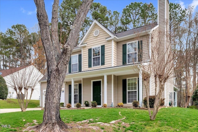 traditional-style house featuring covered porch, a chimney, and a front lawn