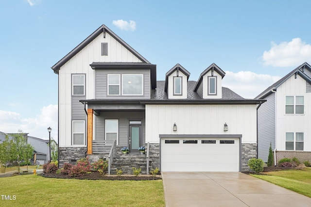5616 Horsewalk Cir, Raleigh, NC 27606 - view of front of house featuring board and batten siding, a garage, a front yard, stone siding, and driveway