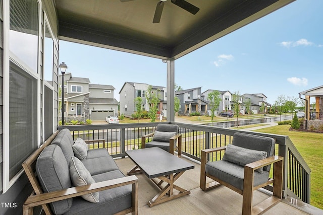 5616 Horsewalk Cir, Raleigh, NC 27606 - deck featuring a yard, ceiling fan, a residential view, and an outdoor hangout area