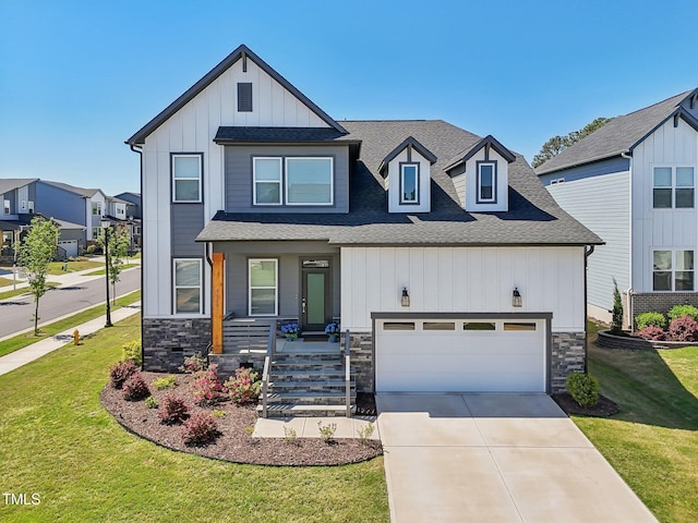 5616 Horsewalk Cir, Raleigh, NC 27606 - modern farmhouse with board and batten siding, a front lawn, stone siding, and driveway