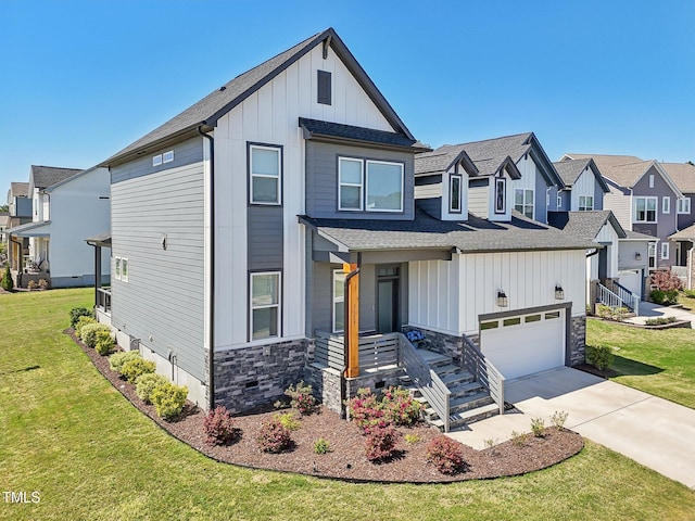 5616 Horsewalk Cir, Raleigh, NC 27606 - modern farmhouse style home featuring a residential view, board and batten siding, driveway, and stone siding
