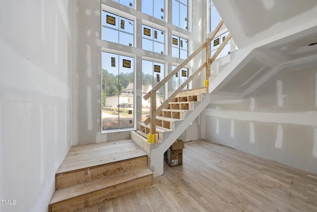 2957 Wexford Pond Way, Wake Forest, NC 27587 - stairway with healthy amount of natural light, wood finished floors, and a towering ceiling