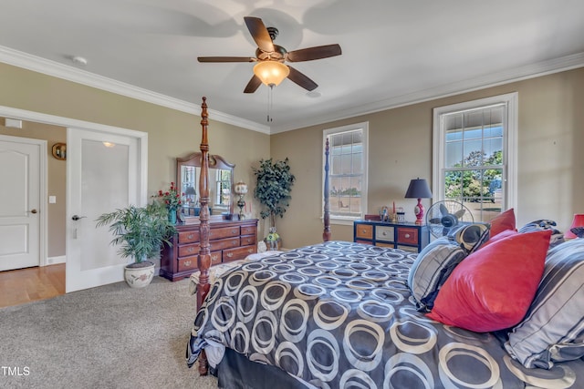 5595 Godwin Lake Rd, Benson, NC 27504 - bedroom with carpet flooring, a ceiling fan, and ornamental molding