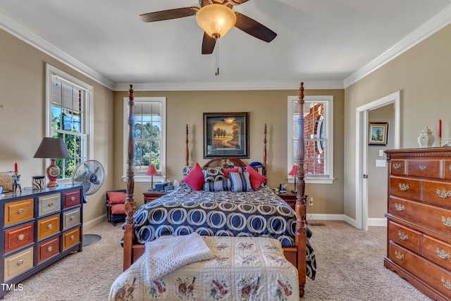 5595 Godwin Lake Rd, Benson, NC 27504 - bedroom with crown molding, carpet floors, baseboards, and ceiling fan
