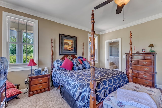 5595 Godwin Lake Rd, Benson, NC 27504 - bedroom with a ceiling fan, baseboards, ornamental molding, ensuite bathroom, and carpet