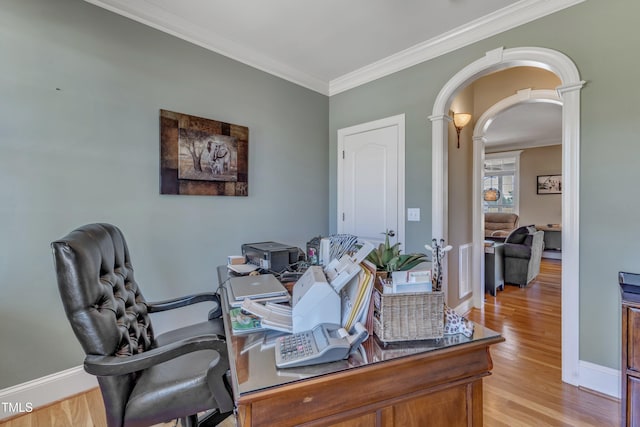 5595 Godwin Lake Rd, Benson, NC 27504 - office area featuring decorative columns, arched walkways, baseboards, light wood finished floors, and ornamental molding
