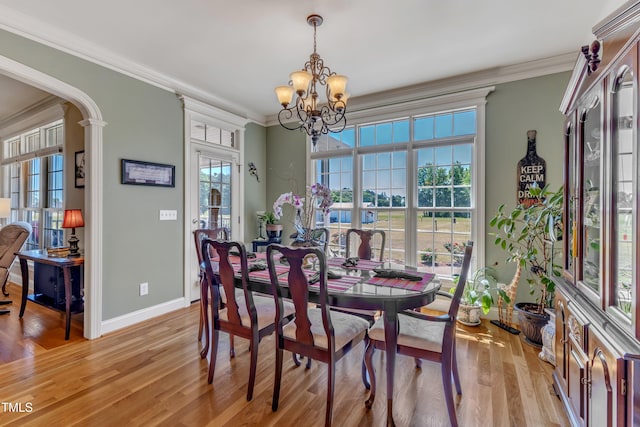 5595 Godwin Lake Rd, Benson, NC 27504 - dining room with a notable chandelier, ornamental molding, a healthy amount of sunlight, and light wood-style flooring
