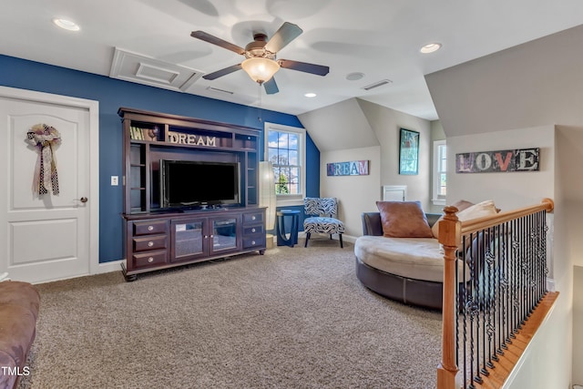 5595 Godwin Lake Rd, Benson, NC 27504 - living room featuring baseboards, ceiling fan, carpet flooring, and visible vents