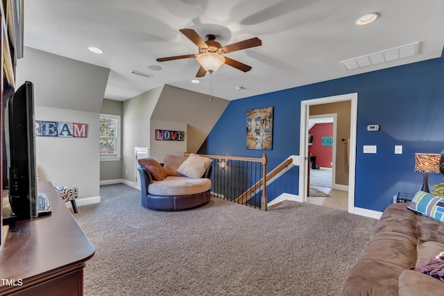 5595 Godwin Lake Rd, Benson, NC 27504 - living room with carpet flooring, a ceiling fan, baseboards, and visible vents