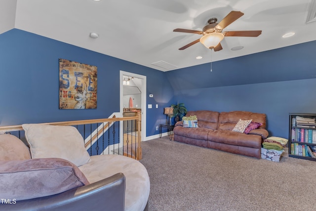 5595 Godwin Lake Rd, Benson, NC 27504 - carpeted living room featuring ceiling fan, lofted ceiling, recessed lighting, and visible vents