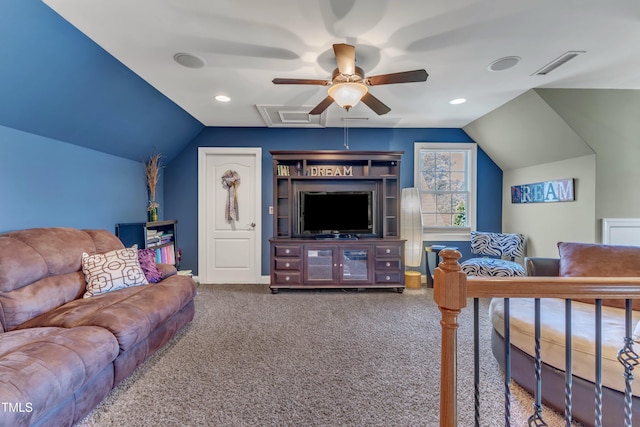 5595 Godwin Lake Rd, Benson, NC 27504 - living area with carpet, a ceiling fan, recessed lighting, lofted ceiling, and visible vents