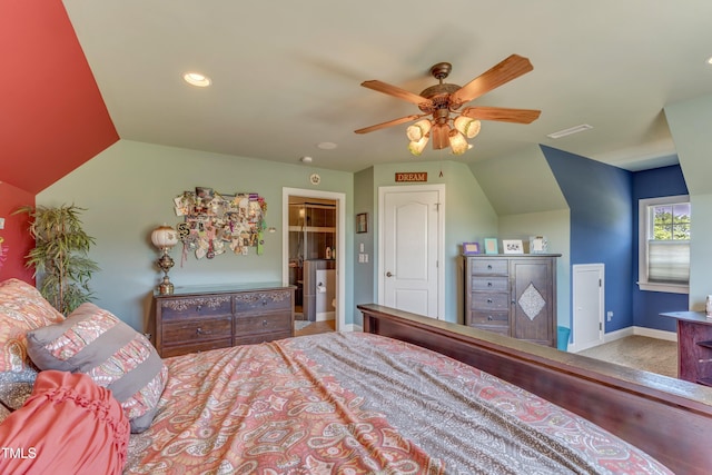 5595 Godwin Lake Rd, Benson, NC 27504 - bedroom featuring visible vents, baseboards, recessed lighting, a ceiling fan, and vaulted ceiling