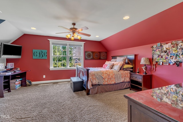 5595 Godwin Lake Rd, Benson, NC 27504 - bedroom with a ceiling fan, vaulted ceiling, baseboards, carpet flooring, and recessed lighting