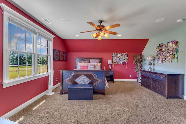 5595 Godwin Lake Rd, Benson, NC 27504 - bedroom with baseboards, visible vents, carpet flooring, and lofted ceiling