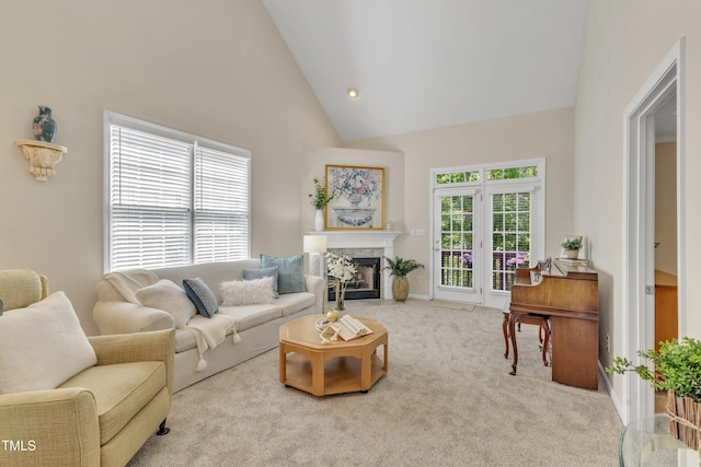 9005 River Estates Dr, Knightdale, NC 27545 - carpeted living room with baseboards, recessed lighting, high vaulted ceiling, and a fireplace