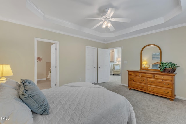 9005 River Estates Dr, Knightdale, NC 27545 - carpeted bedroom with crown molding, a raised ceiling, and a ceiling fan