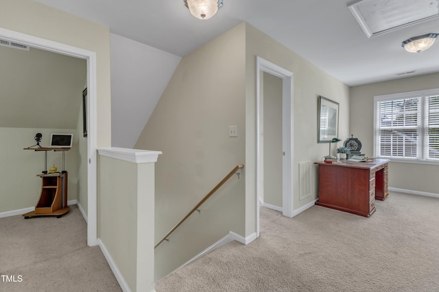 9005 River Estates Dr, Knightdale, NC 27545 - hall with carpet floors, an upstairs landing, and visible vents