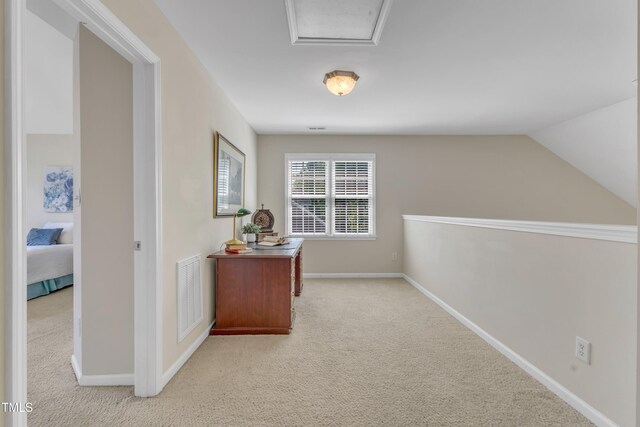9005 River Estates Dr, Knightdale, NC 27545 - hall featuring baseboards, carpet, vaulted ceiling, and visible vents