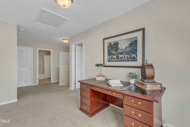 9005 River Estates Dr, Knightdale, NC 27545 - home office featuring baseboards, light colored carpet, and attic access