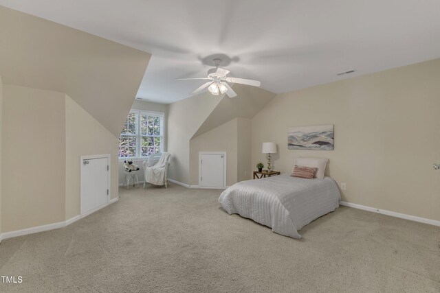 9005 River Estates Dr, Knightdale, NC 27545 - carpeted bedroom with visible vents, a ceiling fan, baseboards, and lofted ceiling