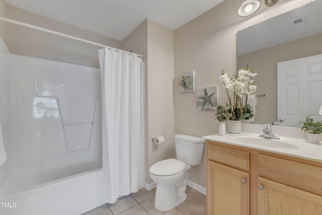 9005 River Estates Dr, Knightdale, NC 27545 - bathroom featuring shower / bath combination with curtain, visible vents, tile patterned flooring, vanity, and toilet