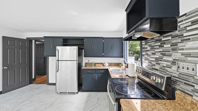 114 Barnhill St, Durham, NC 27707 - kitchen with appliances with stainless steel finishes, open shelves, decorative backsplash, extractor fan, and blue cabinets
