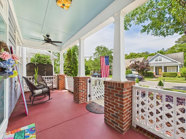 view of patio featuring a ceiling fan and covered porch