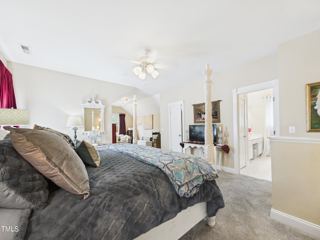 carpeted bedroom with ceiling fan, baseboards, and visible vents