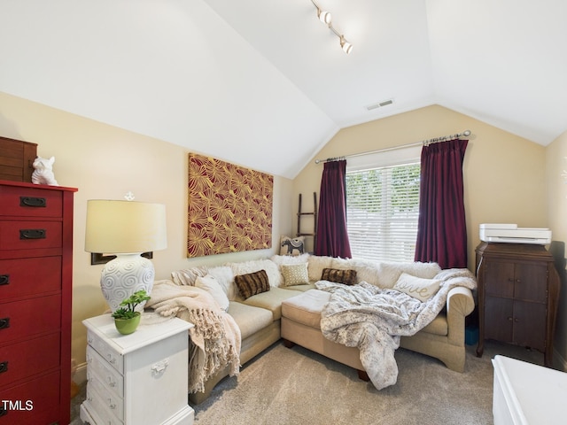 carpeted living room with vaulted ceiling and visible vents