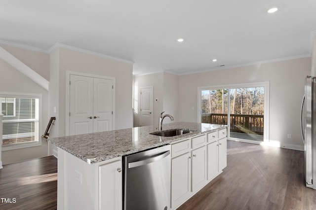 kitchen featuring dishwasher, an island with sink, a sink, light stone counters, and dark wood-style floors