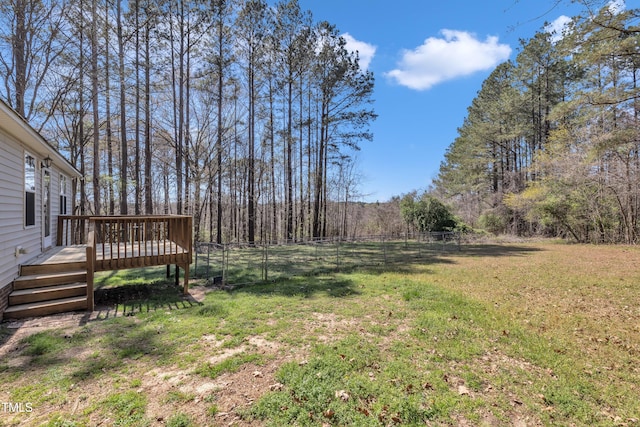 view of yard with fence and a wooden deck
