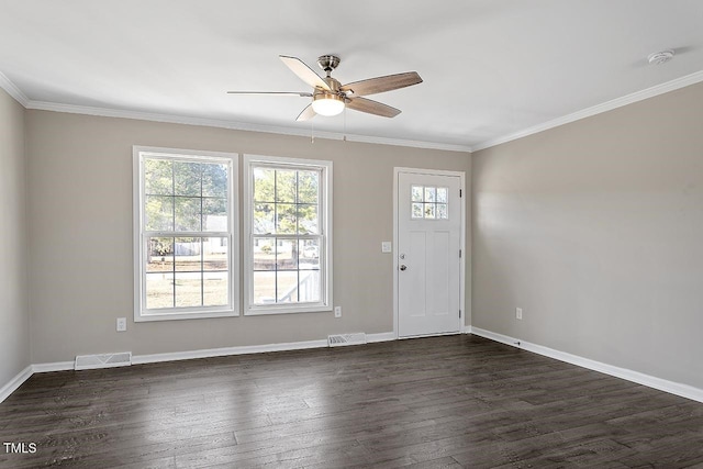 176 Clear Water Dr, Smithfield, NC 27577 - entryway with ceiling fan, healthy amount of natural light, dark wood-type flooring, crown molding, and baseboards