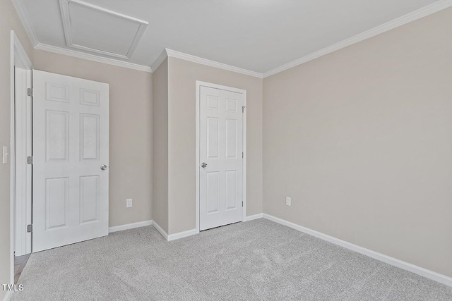 176 Clear Water Dr, Smithfield, NC 27577 - unfurnished bedroom featuring carpet, ornamental molding, baseboards, and attic access