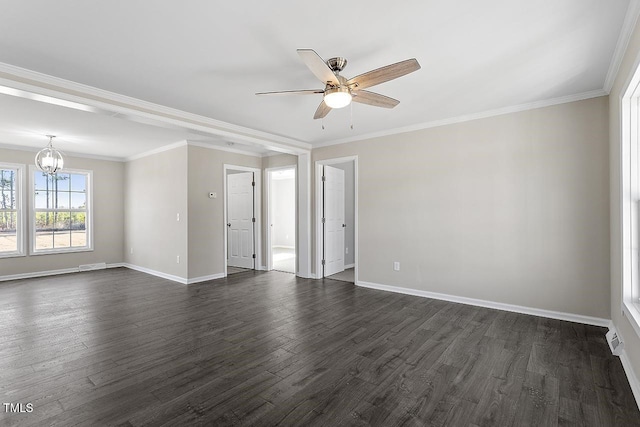 176 Clear Water Dr, Smithfield, NC 27577 - unfurnished room with a chandelier, a ceiling fan, dark wood-style flooring, and ornamental molding