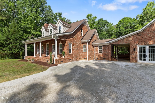 5237 Christian Light Rd, Fuquay Varina, NC 27526 - view of front of house featuring crawl space, a porch, brick siding, a front lawn, and a chimney