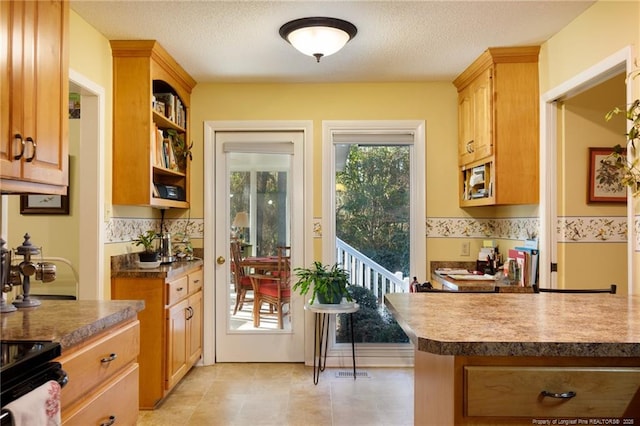 2427 Colgate Dr, Fayetteville, NC 28304 - kitchen featuring a textured ceiling, open shelves, and backsplash