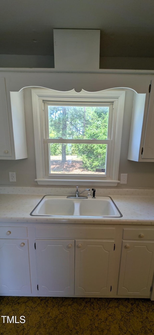 kitchen featuring a sink, light countertops, and white cabinets