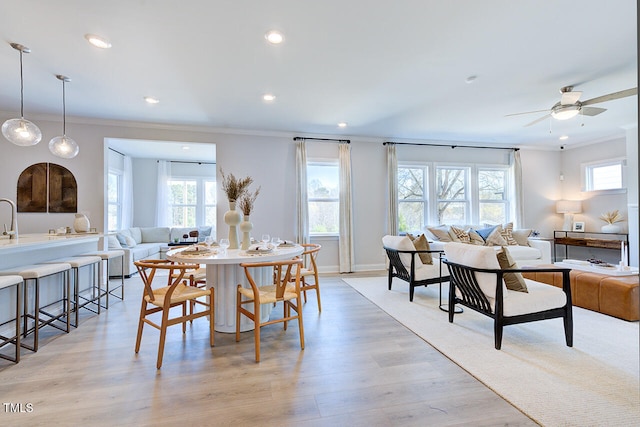 dining room featuring crown molding, a healthy amount of sunlight, light wood-type flooring, and a ceiling fan